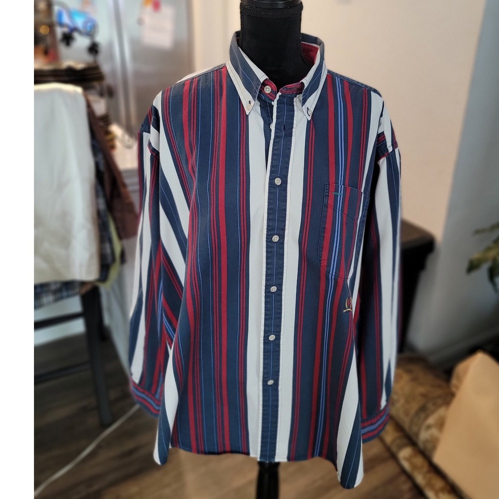 Tommy Hilfiger Mens XL Vertical Stripe Button‎ Down Dress Shirt Navy Red White